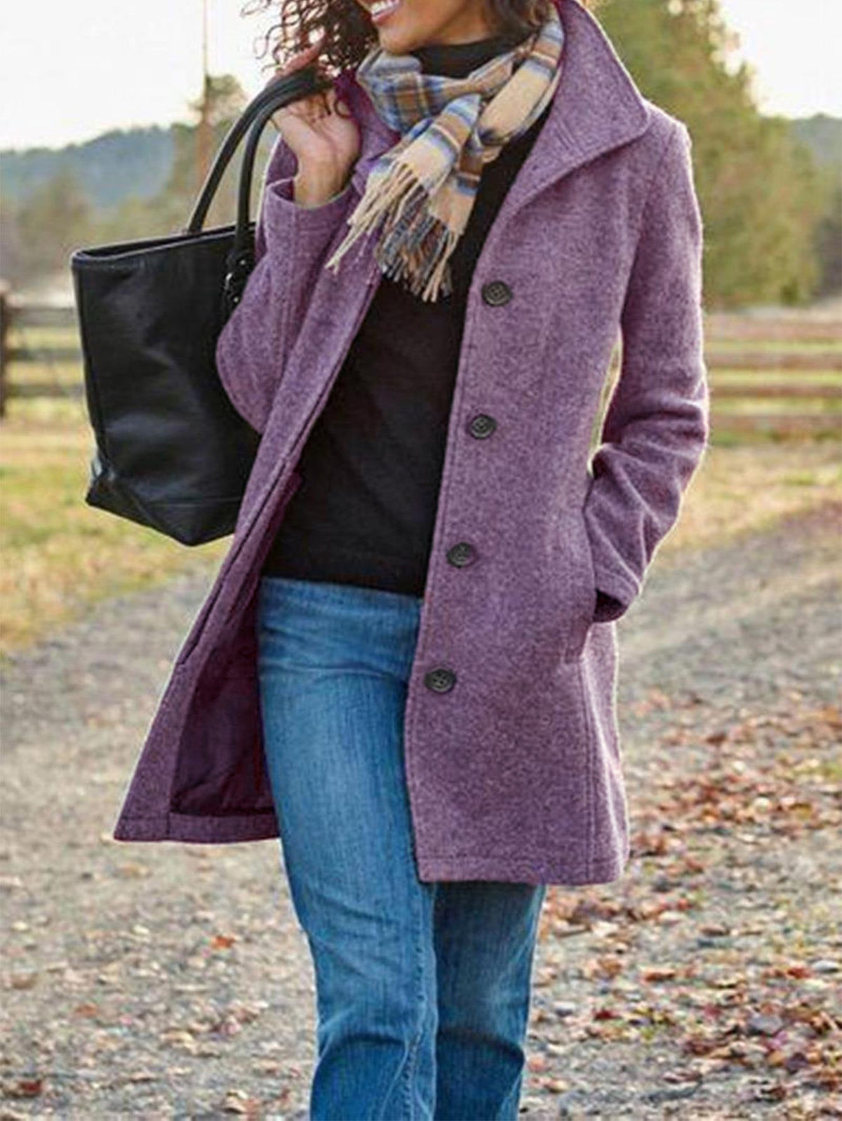 Purple retro long wool coat with notched lapels and button-front closure
