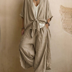 Apricot linen kimono and wide-leg pants set with front knot, loose sleeves and wide legs.