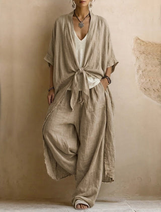 Apricot linen kimono and wide-leg pants set with front knot, loose sleeves and wide legs.