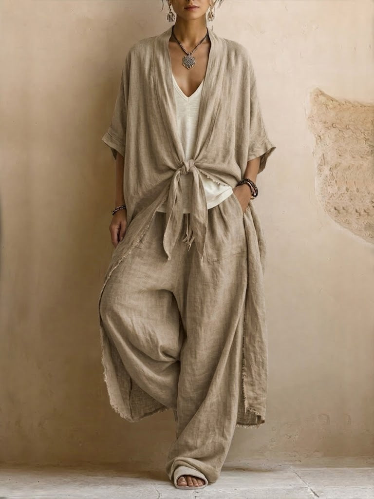 Apricot linen kimono and wide-leg pants set with front knot, loose sleeves and wide legs.