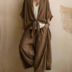 Brown linen kimono and wide-leg pants set with front tie, roomy silhouette and drape.