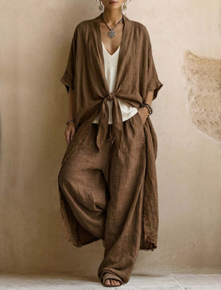 Brown linen kimono and wide-leg pants set with front tie, roomy silhouette and drape.
