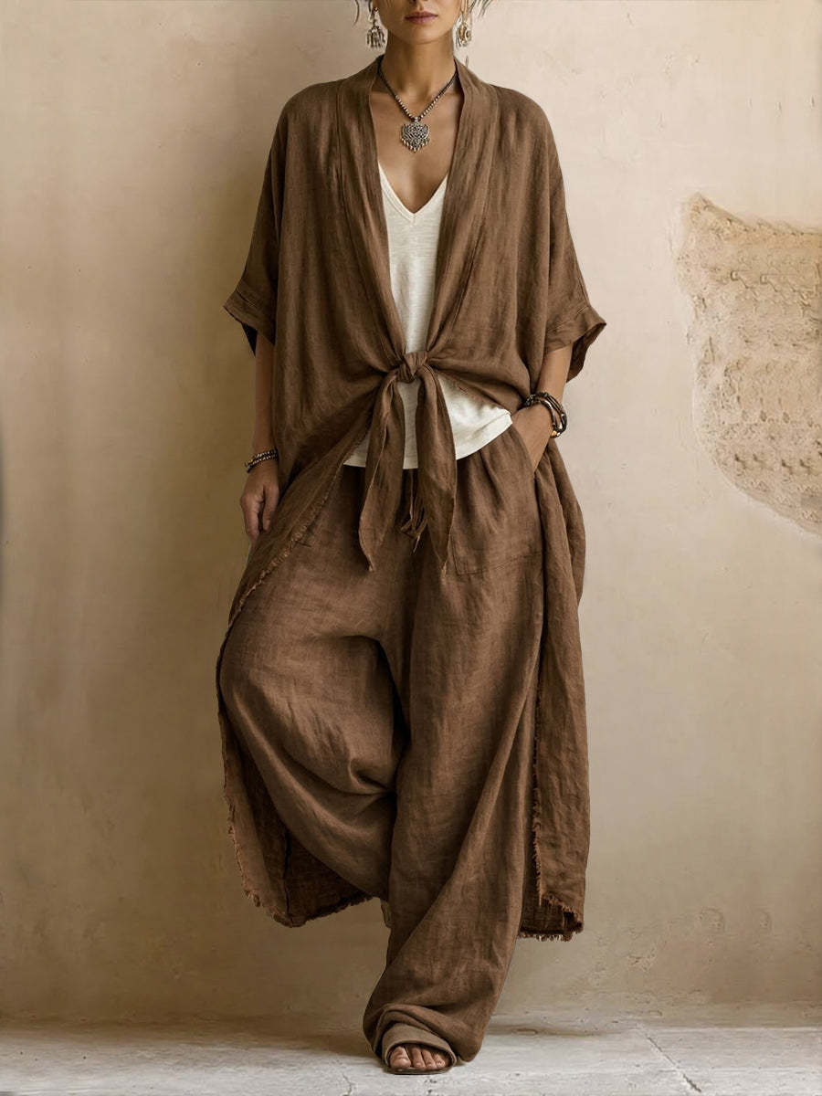 Brown linen kimono and wide-leg pants set with front tie, roomy silhouette and drape.