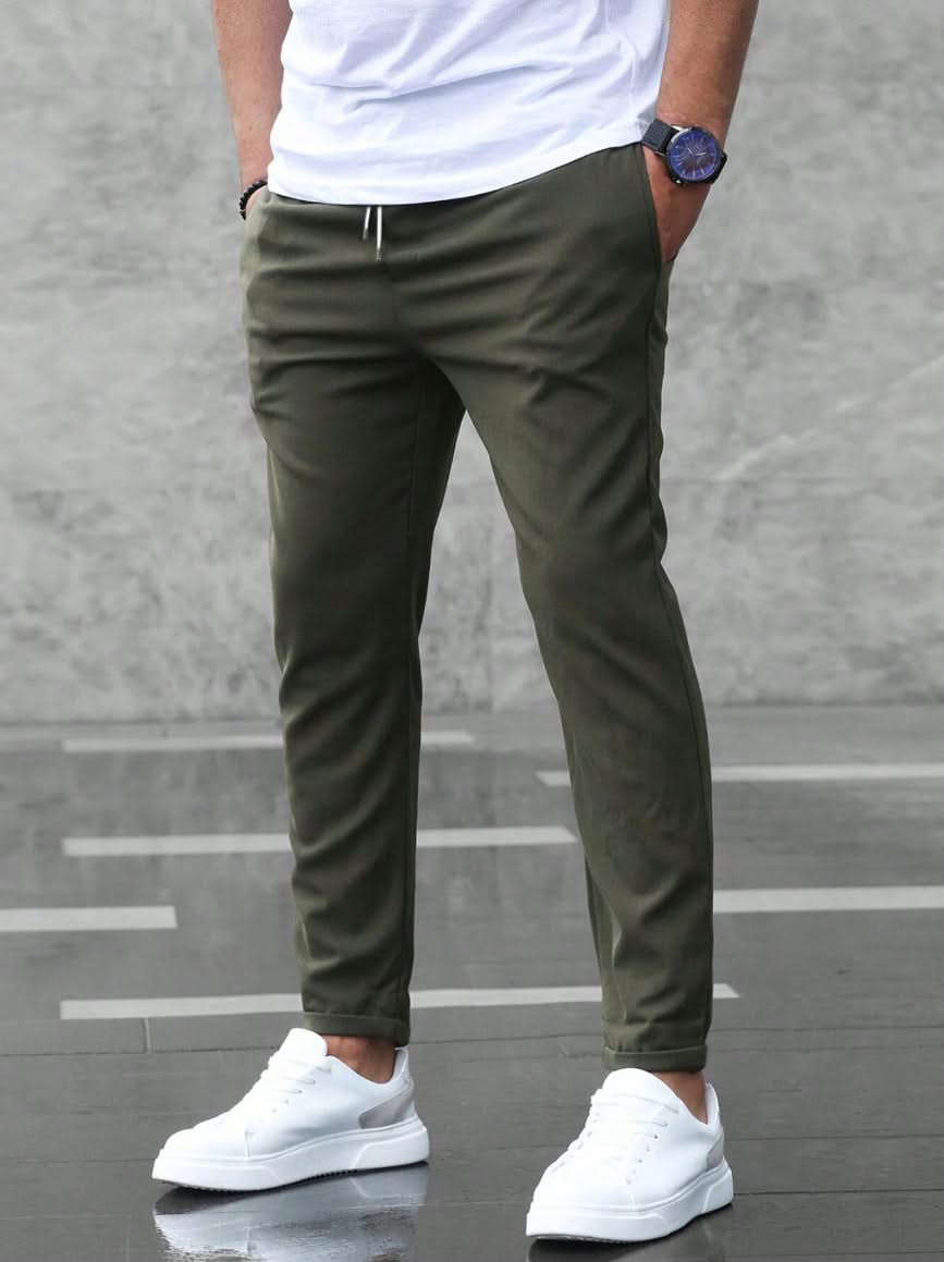 BRANSON everyday trousers, green tapered joggers with drawstring waist and ankle cuffs