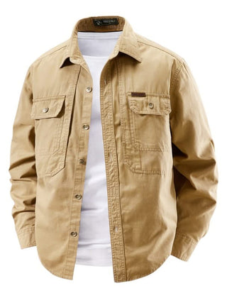 Khaki utility shirt with button front, two chest flap pockets, long sleeves.