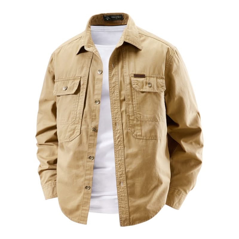 Khaki utility shirt with button front, two chest flap pockets, long sleeves.