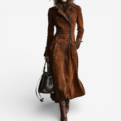 Dark brown long trench coat with double-breasted buttons, notched lapels, belt, flap pockets.