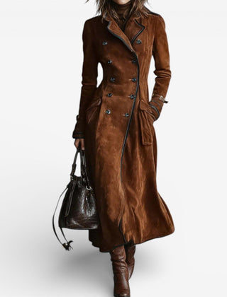 Dark brown long trench coat with double-breasted buttons, notched lapels, belt, flap pockets.