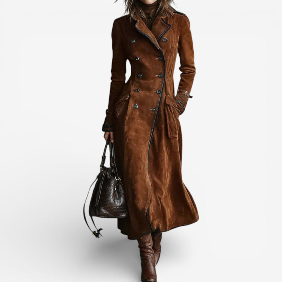 Dark brown long trench coat with double-breasted buttons, notched lapels, belt, flap pockets.