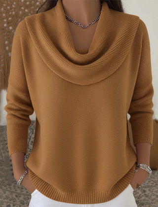 Tan brown cowl neck knit jumper with draped cowl neckline and ribbed cuffs and hem