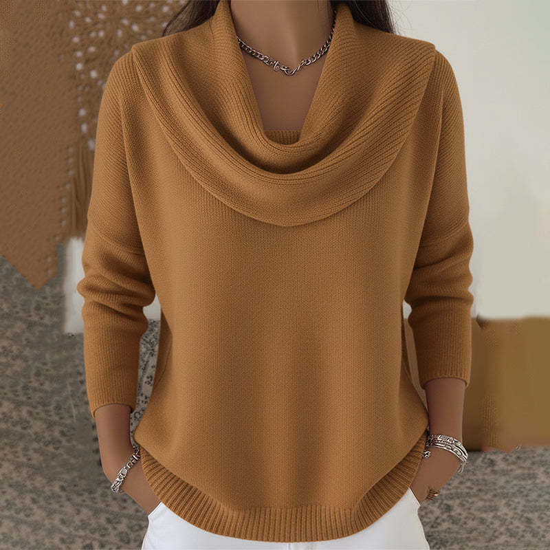 Tan brown cowl neck knit jumper with draped cowl neckline and ribbed cuffs and hem
