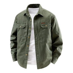 Green utility shirt with button front, two chest flap pockets, long sleeves.