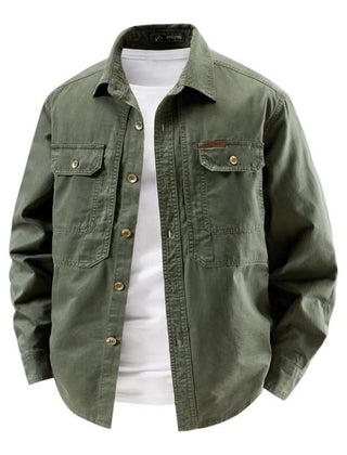 Green utility shirt with button front, two chest flap pockets, long sleeves.