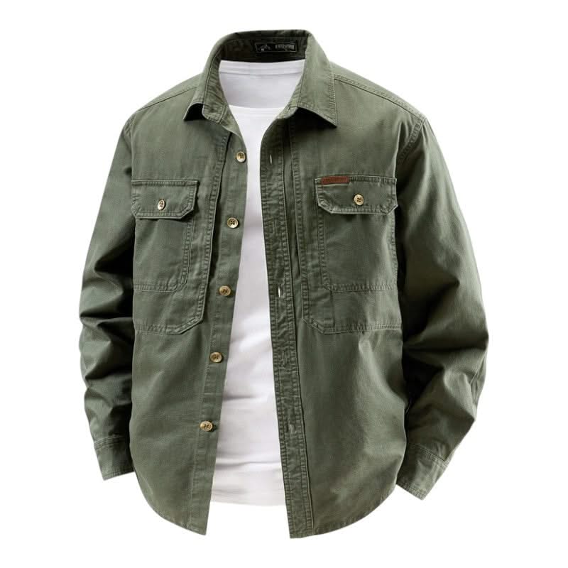 Green utility shirt with button front, two chest flap pockets, long sleeves.