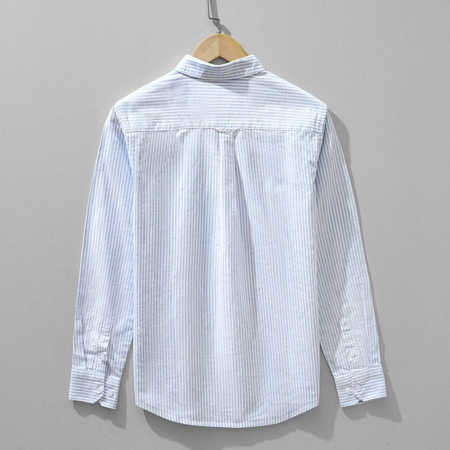 Men's blue striped linen shirt, back view with buttoned collar and long sleeves
