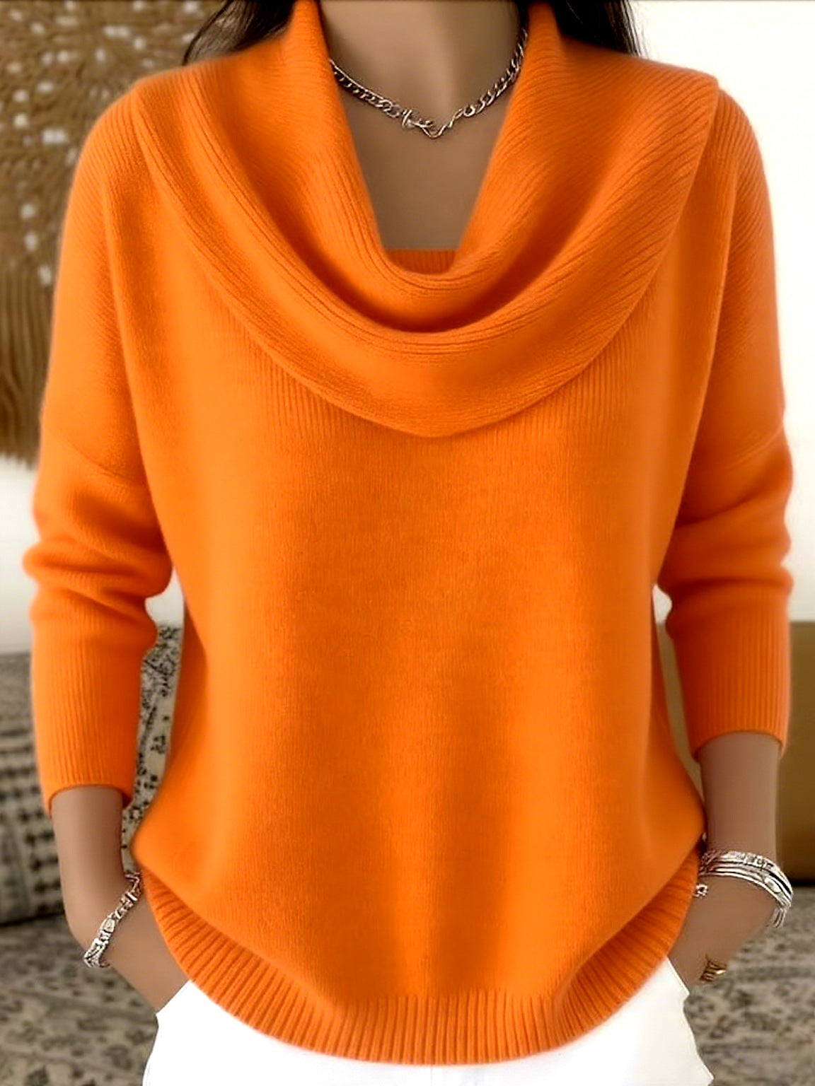 Orange cowl neck knit jumper with long sleeves, ribbed hem and cuffs.