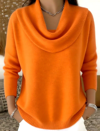 Bright orange cowl neck knit jumper with draped neckline and ribbed cuffs and hem