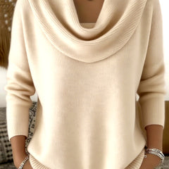 Cream cowl neck knit jumper with draped neckline and ribbed cuffs and hem