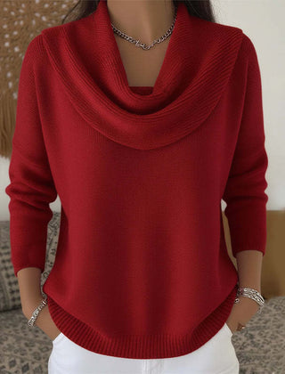 Red cowl neck knit jumper with draped cowl neckline and ribbed cuffs and hem