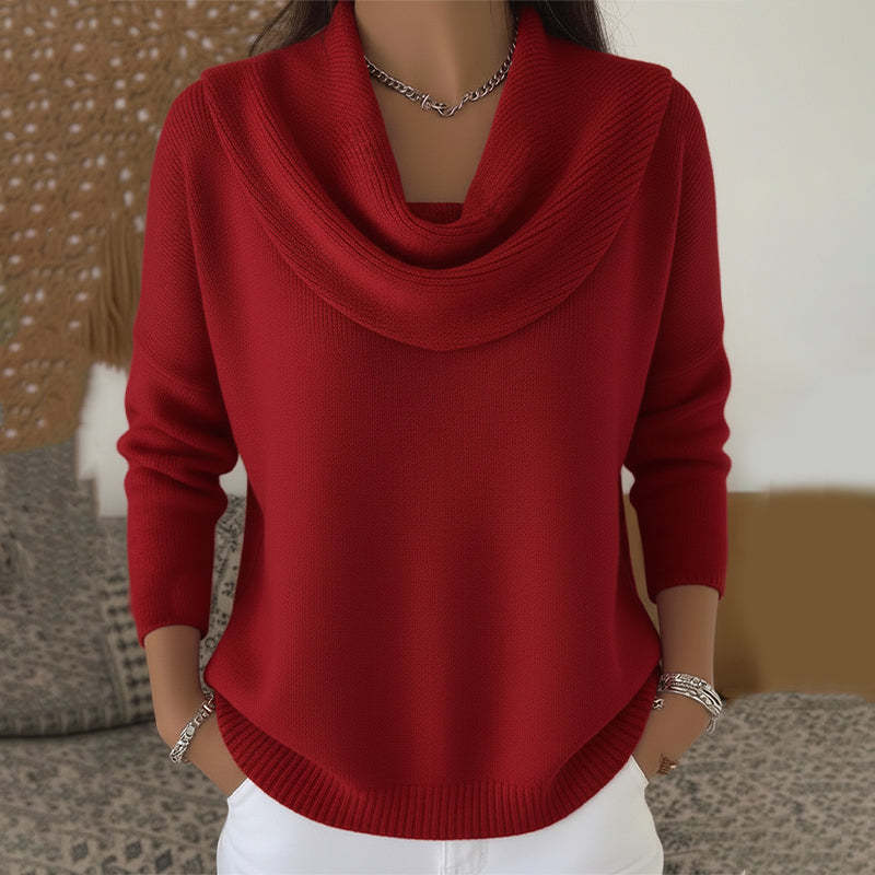 Red cowl neck knit jumper with draped cowl neckline and ribbed cuffs and hem