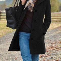 Black retro long wool coat with notched lapels, button front, and side pockets