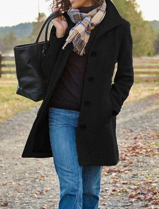 Black retro long wool coat with notched lapels, button front, and side pockets