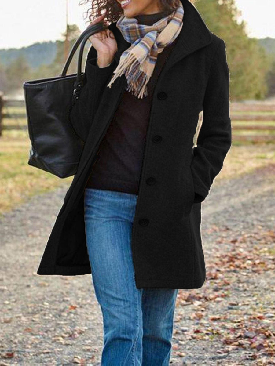 Black retro long wool coat with notched lapels, button front, and side pockets