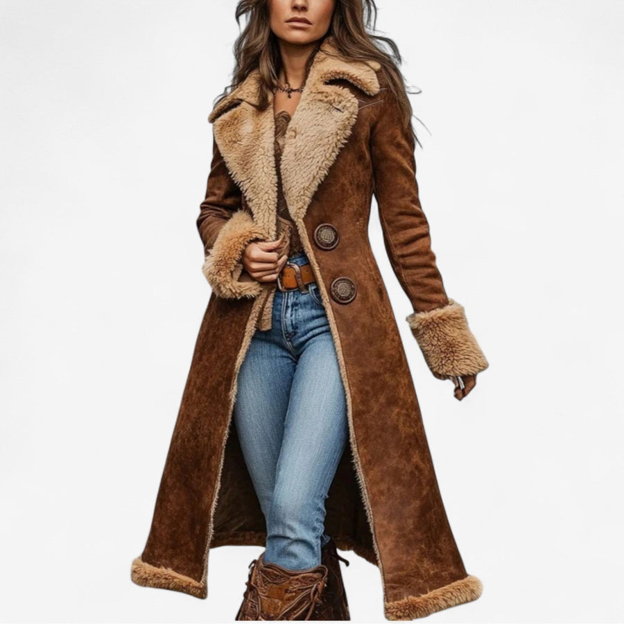 Brown long winter coat with sherpa shearling lining, fur collar, double-breasted buttons.
