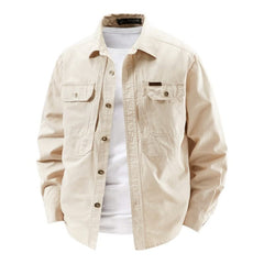 Off-white utility shirt with button front, two chest flap pockets, long sleeves.