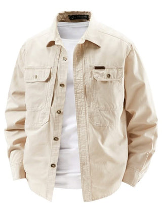 Off-white utility shirt with button front, two chest flap pockets, long sleeves.