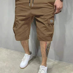 Brown utility shorts with drawstring waist and side cargo pockets