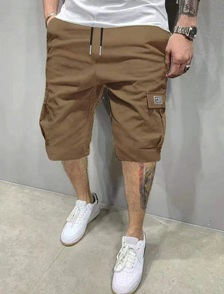 Brown utility shorts with drawstring waist and side cargo pockets