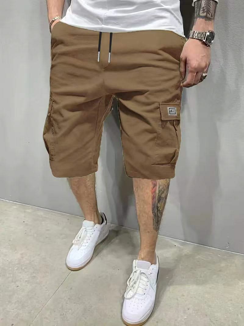 Brown utility shorts with drawstring waist and side cargo pockets