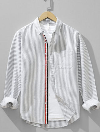 Men's blue striped linen shirt, front view with chest pocket and button placket trim