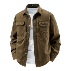 Brown utility shirt with button front, two chest flap pockets, long sleeves.