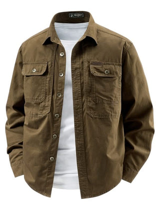 Brown utility shirt with button front, two chest flap pockets, long sleeves.