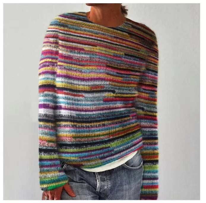 Multicolor striped knit sweater with crew neck, long sleeves
