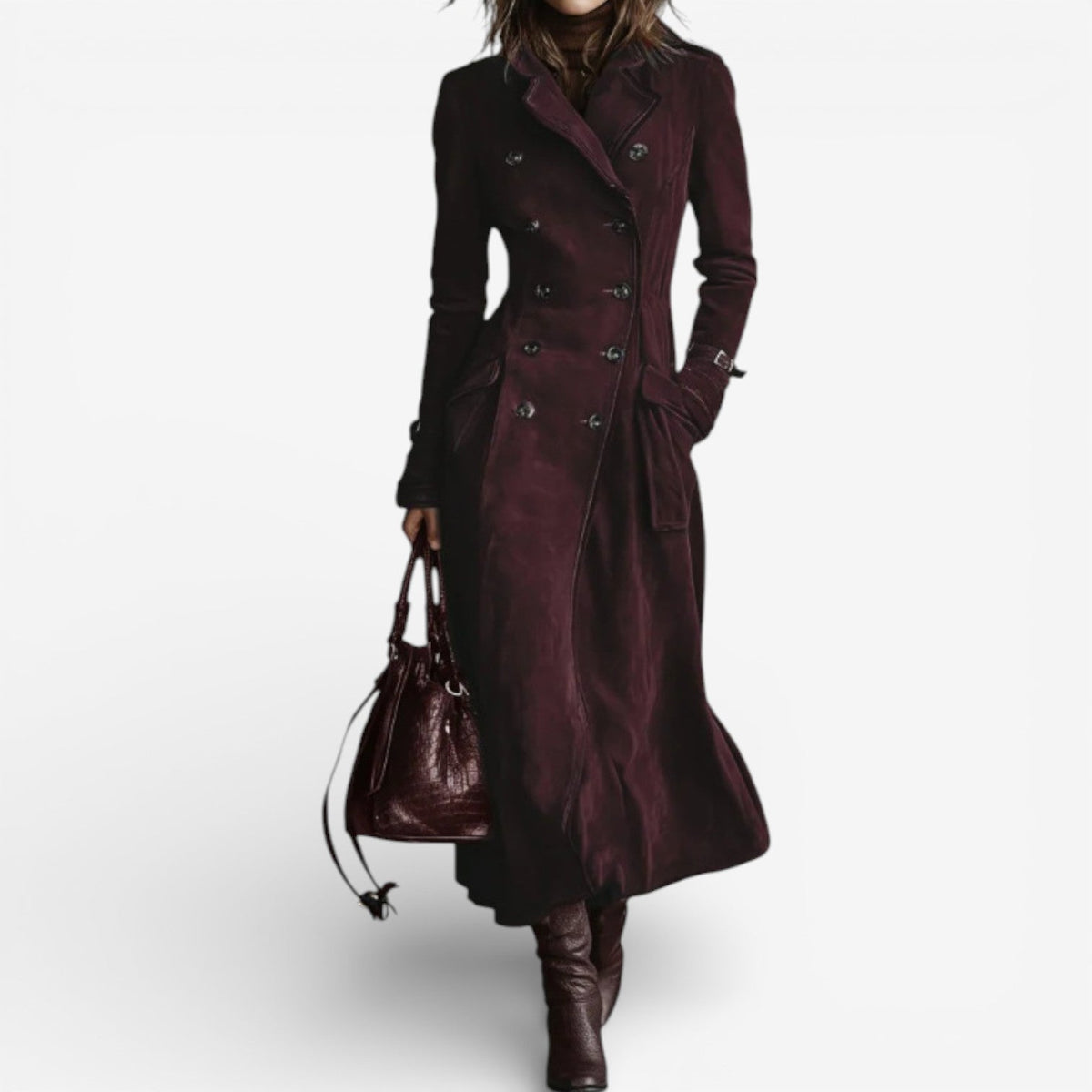 Maroon long trench coat with double-breasted buttons, notched lapels, belt, flap pockets.