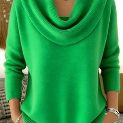 Light green cowl neck knit jumper with long sleeves, ribbed hem and cuffs.