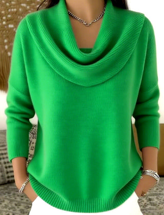 Green cowl neck knit jumper with draped neckline and ribbed cuffs and hem