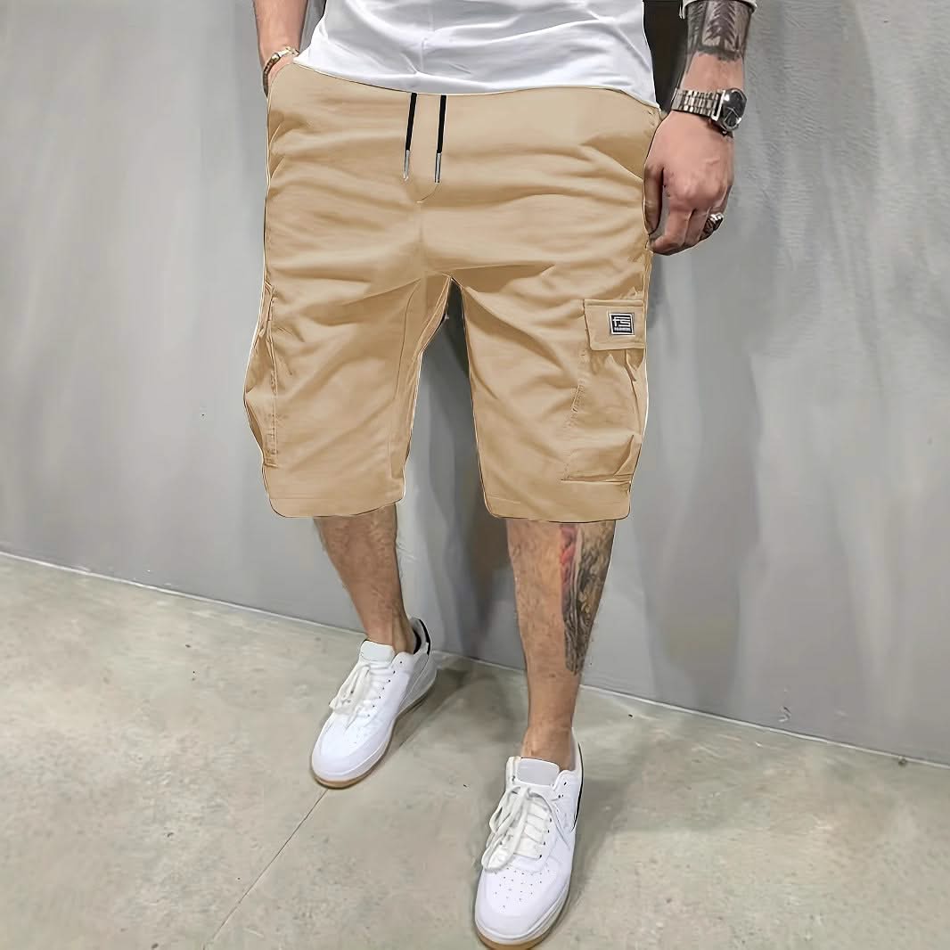 Khaki utility shorts with drawstring waist and side cargo pockets