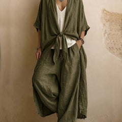 Olive green linen kimono and wide-leg pants set with front knot, relaxed fit and drape.
