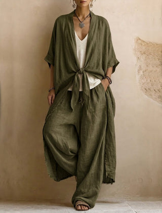 Olive green linen kimono and wide-leg pants set with front knot, relaxed fit and drape.