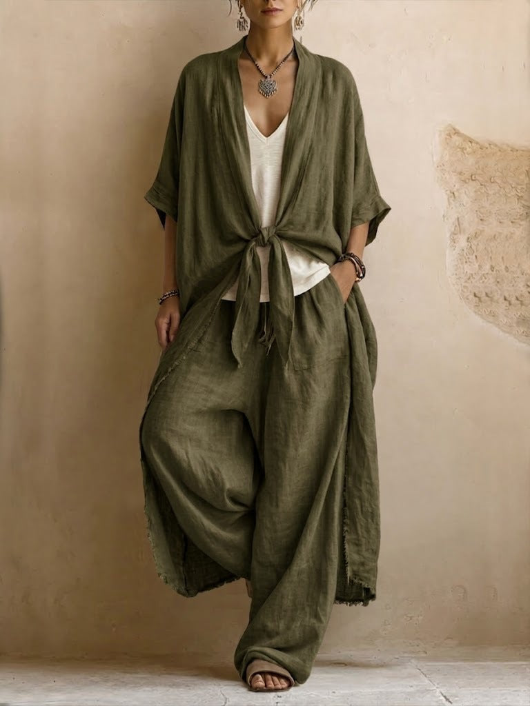 Olive green linen kimono and wide-leg pants set with front knot, relaxed fit and drape.