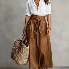 Two-piece set: white blouse and brown midi skirt with tie waist