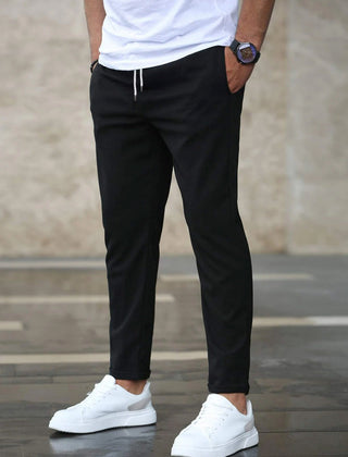 BRANSON everyday trousers, black tapered joggers with drawstring waist and ankle cuffs