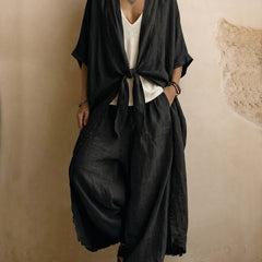Black linen kimono and wide-leg pants set with front knot, loose sleeves and wide legs.