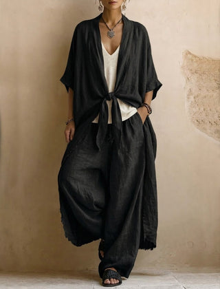 Black linen kimono and wide-leg pants set with front knot, loose sleeves and wide legs.