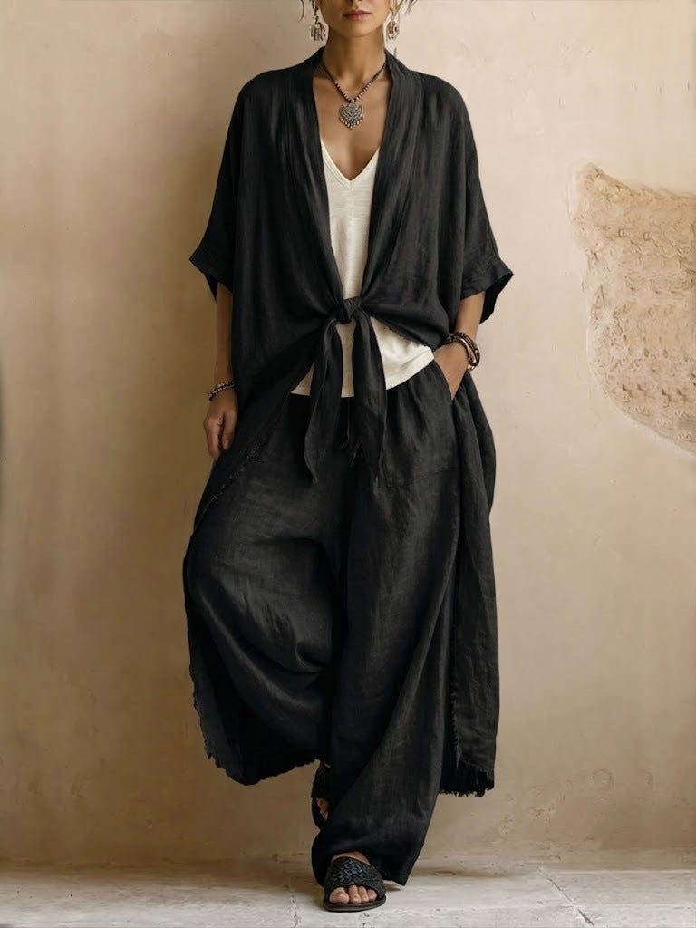 Black linen kimono and wide-leg pants set with front knot, loose sleeves and wide legs.