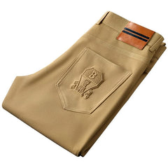 Khaki premium pants folded view with embossed back pocket logo